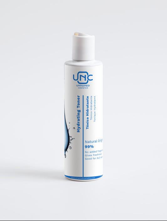 Toner hidratante em embalagem branca com rótulo azul e tampa branca